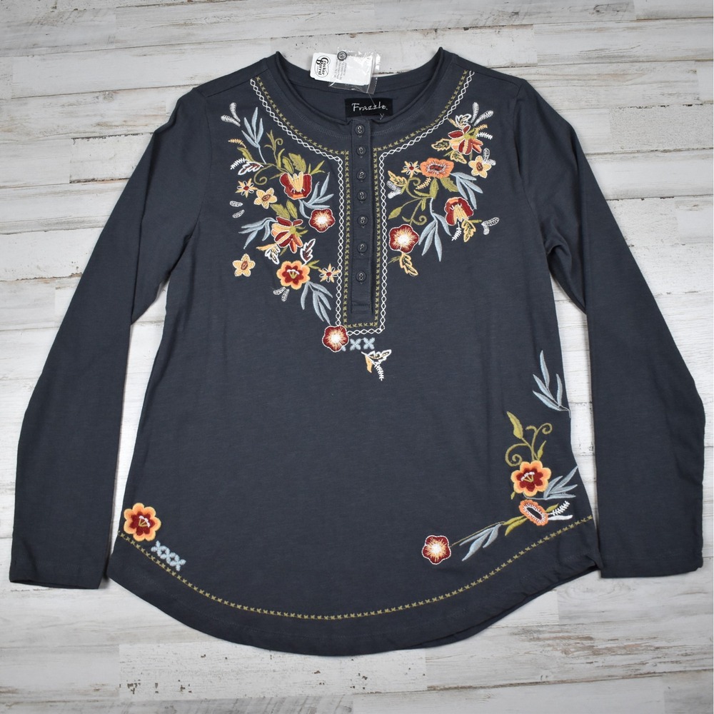Frazzle Floral Embroidered Henley Top Womens S Gray Long Sleeve Boho Cottage NWT